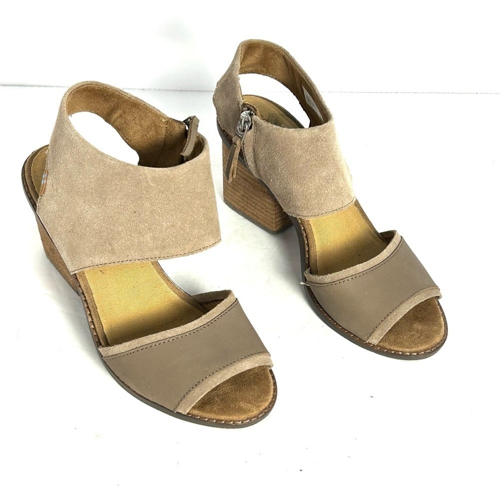 Toms Beige Suede Block Heeled Side Zip Ankle Strap Sandals Womens Size 8